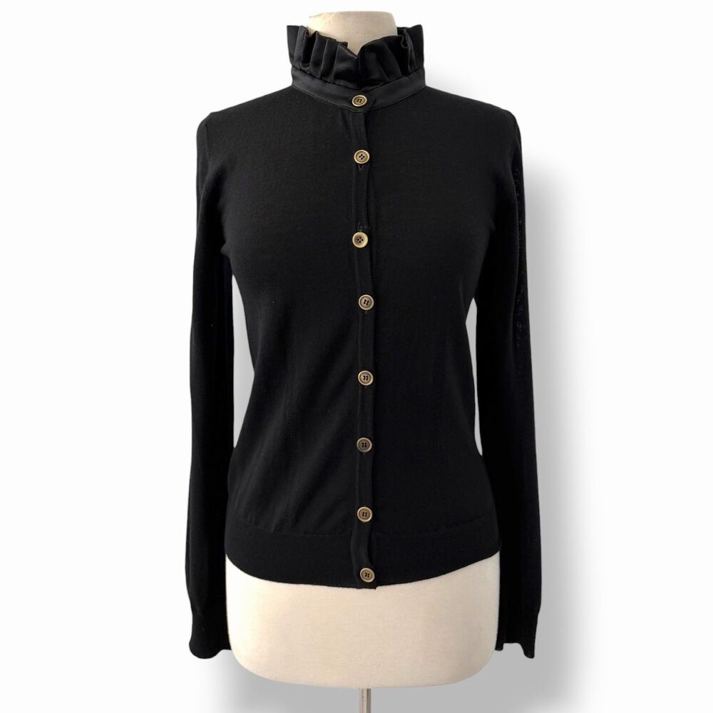 Burberry Italy Merino Wool Silk Ruffle Mock Neck Cardigan Sweater Black Large L